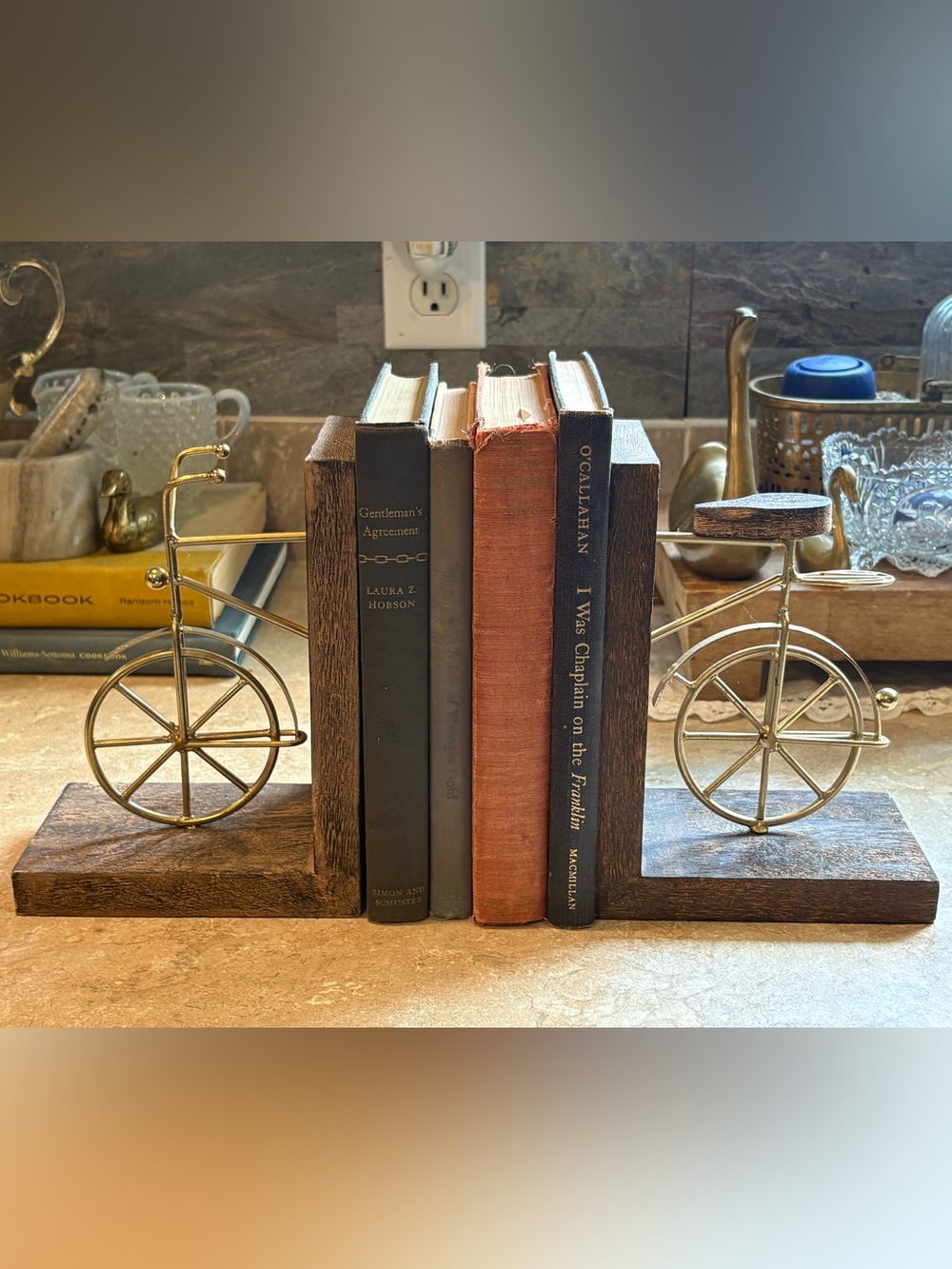 Vintage Brass Bicycle Wood Bookends Pair | Library Cottage Decor